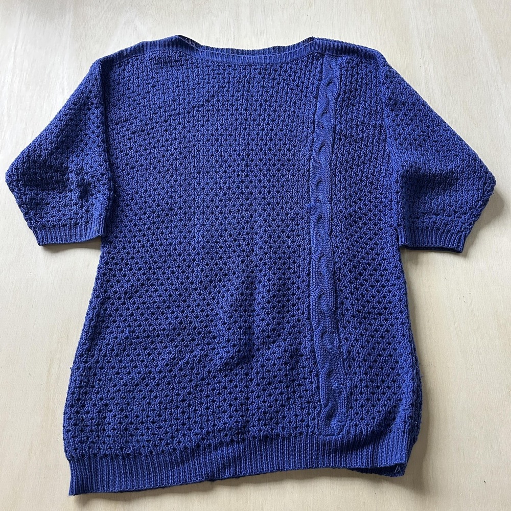 Vintage Color Color Color Sweater Womens 2X Blue Open Knit Tunic Short Sleeve